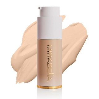 Best foundation for aging skin - MirMirabella Invincible For All Anti Aging HD Foundation frosted bottle with gold logo & swatch for shade Ivory I50 on a white background.abella