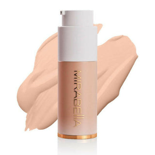 Mirabella Invincible For All Anti Aging HD Foundation frosted bottle with gold logo & swatch for shade Light L90 on a white background.