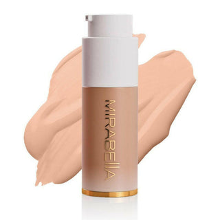 Mirabella Invincible For All Anti Aging HD Foundation frosted bottle with gold logo & swatch for shade Light L100 on a white background.