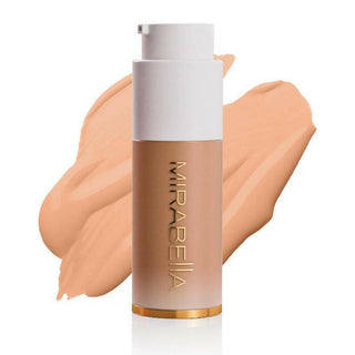 Mirabella Invincible For All Anti Aging HD Foundation frosted bottle with gold logo & swatch for shade Medium M150 on a white background.