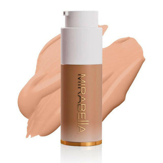 Mirabella Invincible For All Anti Aging HD Foundation frosted bottle  with matte gold logo & swatch for shade Tan T160 on a white background.