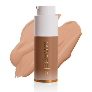 Mirabella Invincible For All Anti Aging HD Foundation frosted bottle with gold logo & swatch for shade Tan T180 on a white background.