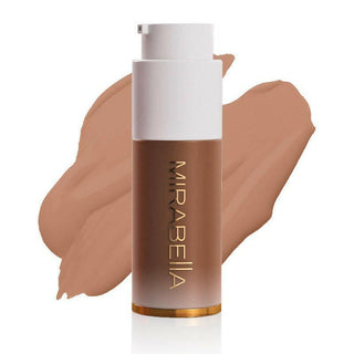 Mirabella Invincible For All Anti Aging HD Foundation frosted bottle with gold logo & swatch for shade Dark D210 on a white background.