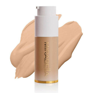 Mirabella Invincible For All Anti Aging HD Foundation frosted bottle with gold logo & swatch for shade Fair F70 on a white background.